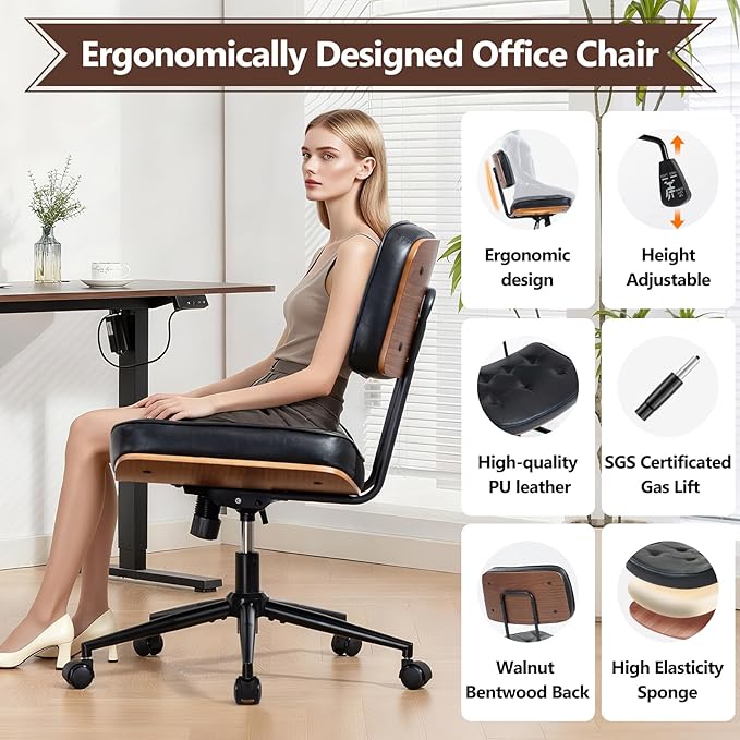 Armless Office Chair with Wheels, Adjustable Height Desk Chair Leather Swivel Computer Chair, Modern Walnut Office Side Chair for Meeting Room Office, Black