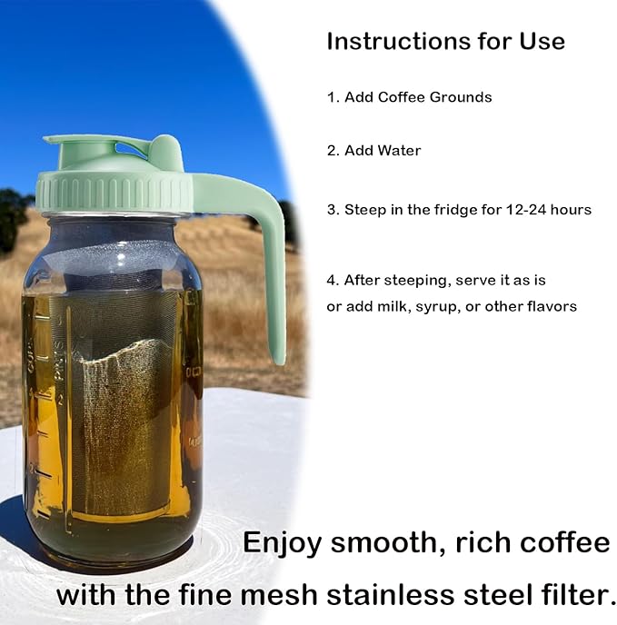 Fermus Cold Brew Coffee Maker, 64oz / 2Quart Glass Pitcher with Stainless Steel Filter and Pour Spout Handle Lid, Mason Jar for Making Cold Coffee, Fruit Drinks, Sun Tea (1, 64 Ounces)