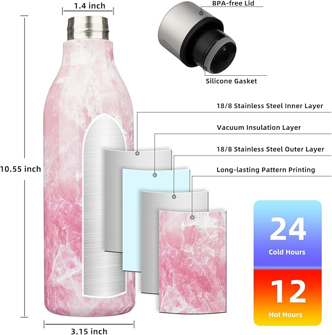 BJPKPK Insulated Water Bottles, 25 oz Stainless Steel Metal Water Bottle with Strap, BPA Free Leak Proof Jugs, Mugs, Flasks, Reusable Thermal Flasks for Sports & Travel, Blossom