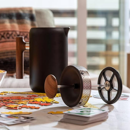 Fellow Clara French Press Coffee Maker - Portable Stainless Steel Coffee Press, Insulated Manual Brewer, Matte Black with Walnut, 24 oz Carafe