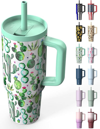 TILUCK 40 oz Tumbler with Handle, Vacuum Insulated Stainless Steel Travel Mug with 100% Leak-Proof Silicone Straw Lid, Cupholder Friendly Water Bottle(Cactus, 40oz)