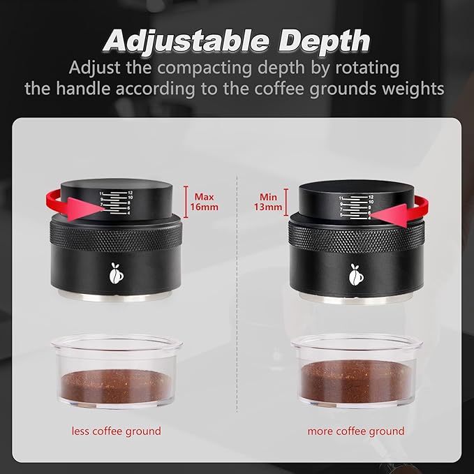 Espresso Tamper 53mm, Adjustable Depth Coffee Tamper with Calibrated Spring Loaded, 304 Stainless Steel Palm Tamper Tool, fits 53mm Portafilter Basket (Black)