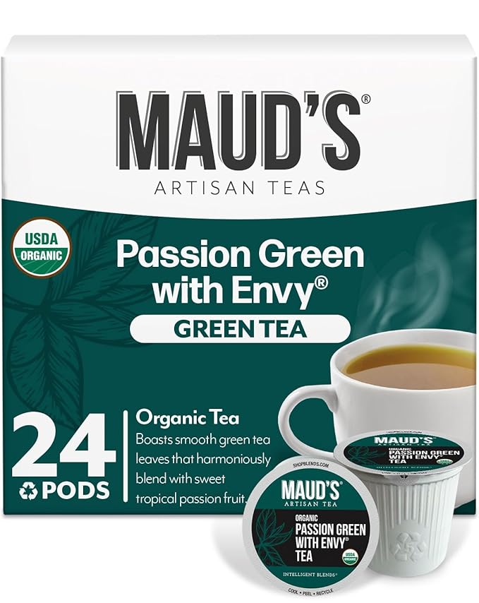 Maud's Organic Passion Green Tea Pods, 24 ct, Recyclable Single Serve Tea Pods – 100% Gourmet Blended Tea Leaves, Compatible with Keurig K Cups Maker