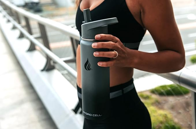 HYDRO CELL Stainless Steel Insulated Water Bottle with Straw - For Cold & Hot Drinks - Metal Vacuum Flask with Screw Cap and Modern Leakproof Sport Thermos for Adults (Graphite/Black 18oz)