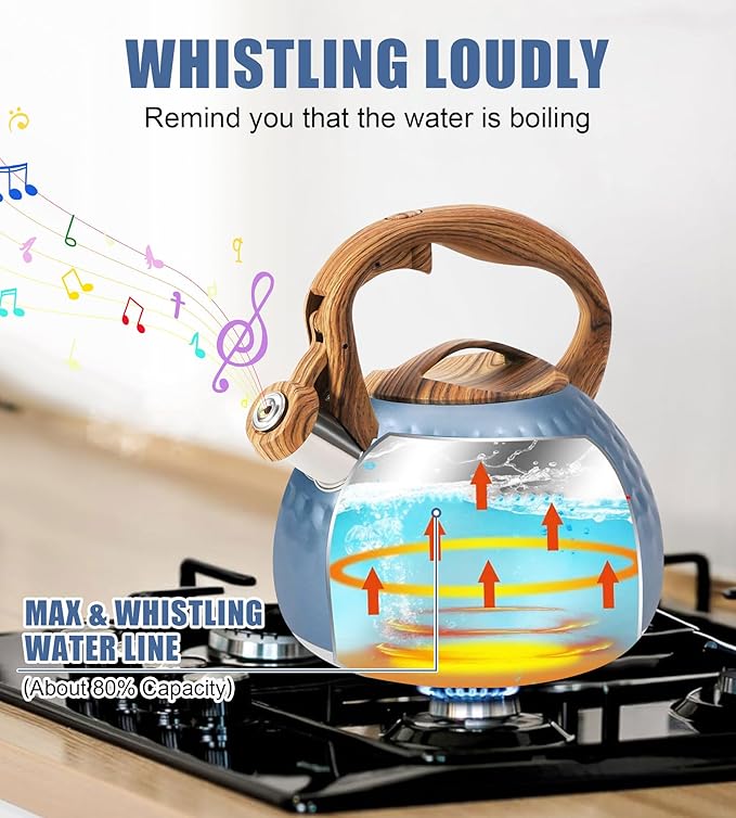 Stainless Steel Tea Kettle Blue, Teapot 3.2 Quart Whistling Tea Kettle, Tea Pots for Stove Top with Wood Pattern Handle, Gas Electric Applicable