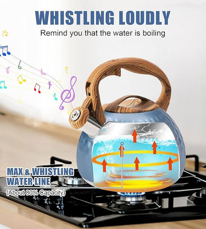 Stainless Steel Tea Kettle Blue, Teapot 3.2 Quart Whistling Tea Kettle, Tea Pots for Stove Top with Wood Pattern Handle, Gas Electric Applicable