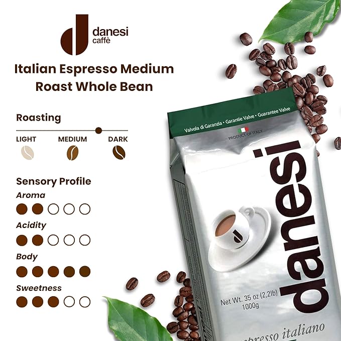 Danesi Caffe Italian Whole Coffee Beans - Espresso Coffee Beans and Medium Roast Whole Bean - Perfect for Espresso Machines, French Press, and Home Brewing - Emerald (4.5 lb)