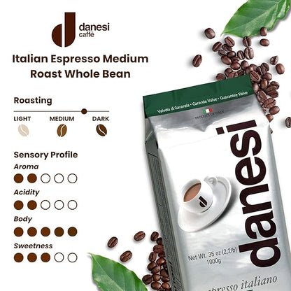 Danesi Caffe Italian Whole Coffee Beans - Espresso Coffee Beans and Medium Roast Whole Bean - Perfect for Espresso Machines, French Press, and Home Brewing - Emerald (4.5 lb)