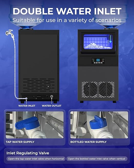 Commercial Ice Maker Machine 𝟏𝟎𝟎𝐋𝐁𝐒/𝐃𝐚𝐲, Undercounter Ice Makers 𝟑𝟎𝐋𝐁𝐒 Storage Bin and 𝟑𝟔 Ice Trays, Icemaker Machine Double Water Inlet with Water Line, Ice Scoop