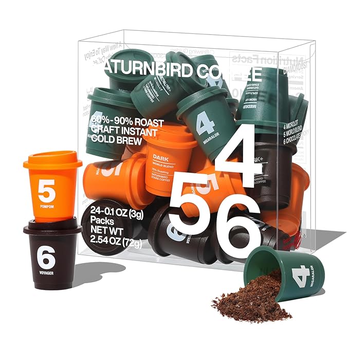SATURNBIRD Coffee Instant Cold Brew - Medium, Dark Roast Variety Pack, 3 Roast Levels (NO.4-6), 100% Arabica, Enjoy Cold/Hot, 24 Single Serves Perfect for Iced Coffee