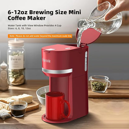 Mini Single Serve Coffee Maker for K Cup and Ground Coffee, Fast Brew One Cup Coffee Machine with Descaling Reminder and Water Window, 6 to 12 oz. Brew Sizes, Red