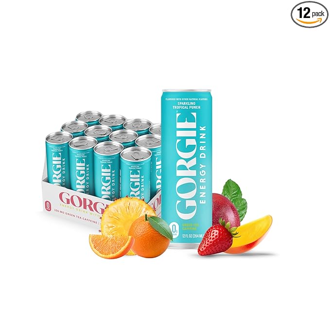 GORGIE Sugar Free Natural Energy Drinks, Sparkling Paradise Punch (12 Pack) - Healthy Energy Drinks - Natural Coffee Replacement with Green Tea Caffeine and Biotin - 150mg Caffeine, Vegan, Low Calorie