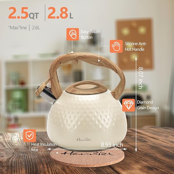 harriet Tea Kettle, Tea Pot for Stovetop, 2.5QT Whistling Kettle with 5-Layers bottom, Food Grade Stainless Steel Kettles with Hot-Resistant Handle Gas Electric Applicable