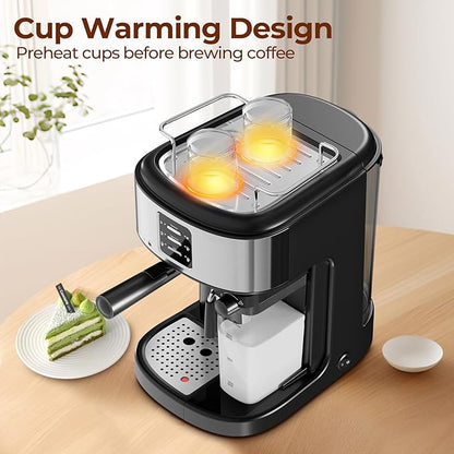 20 Bar Compact Espresso Machine with Milk Frother, 3-in-1 Stainless Steel Coffee Machine with 57oz Removable Water Tank for Home, Office
