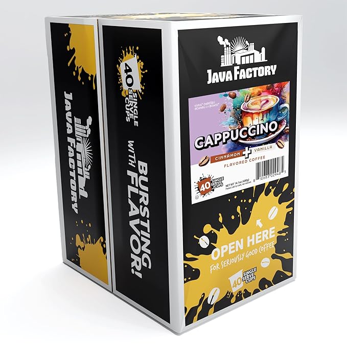 Java Factory Coffee Pods Vanilla Cream and Cinnamon Flavored Coffee for Keurig K Cup Brewers, Cappuccino, 40 Count