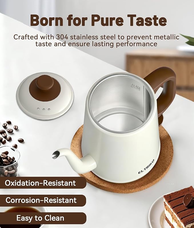 Gooseneck Electric Kettle, 1L Water Boiler, Pour Over Coffee & Tea, 1000W Fast Heating, Stainless Steel, Auto Shut-Off & Boil-Dry Protection, BPA-Free (White)