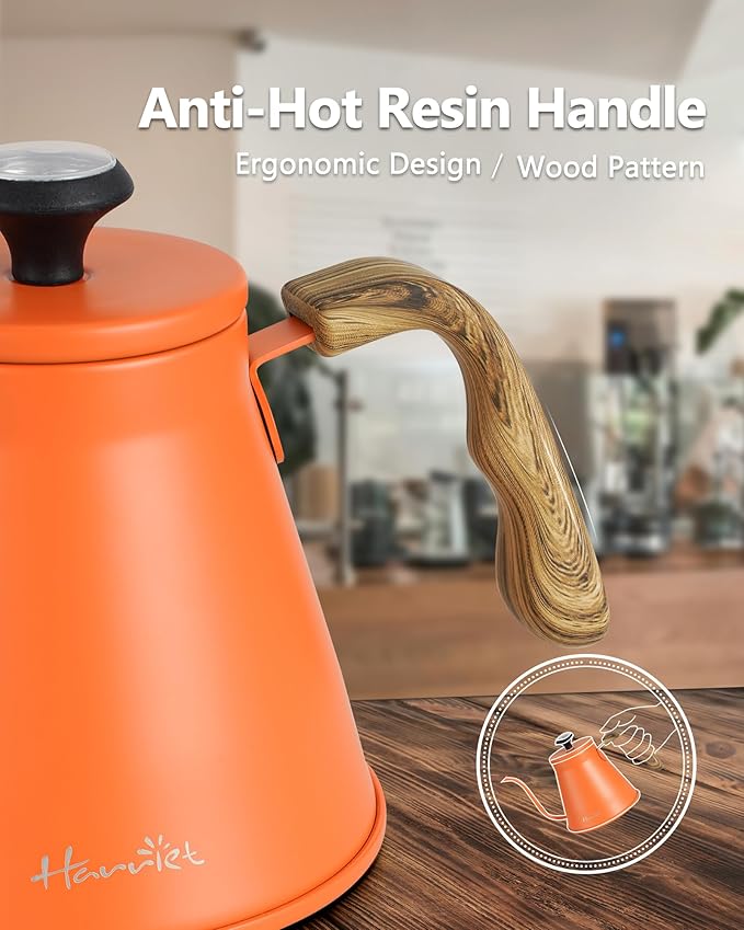 Harriet Gooseneck Kettle with Thermometer for Pour Over Coffee and Tea, 37 fl oz, Stainless Steel, Durable 3-Layer Base, Ideal Spout for Precision Pouring, Compatible with all Stove Tops, Orange