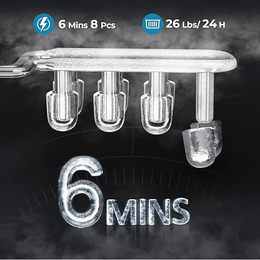 Countertop Ice Maker Machine, 8 Ice Cubes in 6 mins, 26lb/Day Ice with 2 Sizes- Portable Mini, Energy Saving & Basket/Scoop for Home/Party/Travel/Camping/Bar,White