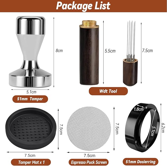 Espresso Accessories Kit, 51mm Tamper, Coffee Tamper Set, Silver 51mm Stainless Steel Espresso Tamper, Dosing Funnel, Tampers Mat, WDT Tools and Puck Screen Set Fit 51mm Portafilters