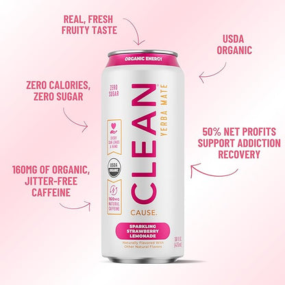 NEW CLEAN Cause Zero Sugar Strawberry Lemonade Yerba Mate Tea Sparkling, USDA Organic Energy Drink Alternative, Zero Calorie, 160mg Natural Caffeine, Soda Alternative (16oz cans, 12-Pack Case)