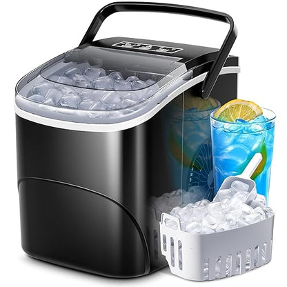 Kismile Ice Makers Countertop with Handle,26Lbs/24H,9 Cubes in 6 Mins,Portable Ice Machine with Self-Cleaning for Home,Kitchen(Black)