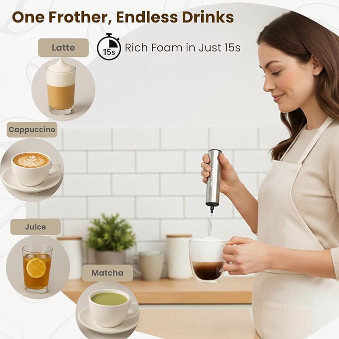 Rechargeable Milk Frother Handheld Electric Frother Wand Milk Foamer Drink Mixer for Coffee, Lattes, Cappuccino, and Egg, Stainless Steel for Travel-Silver