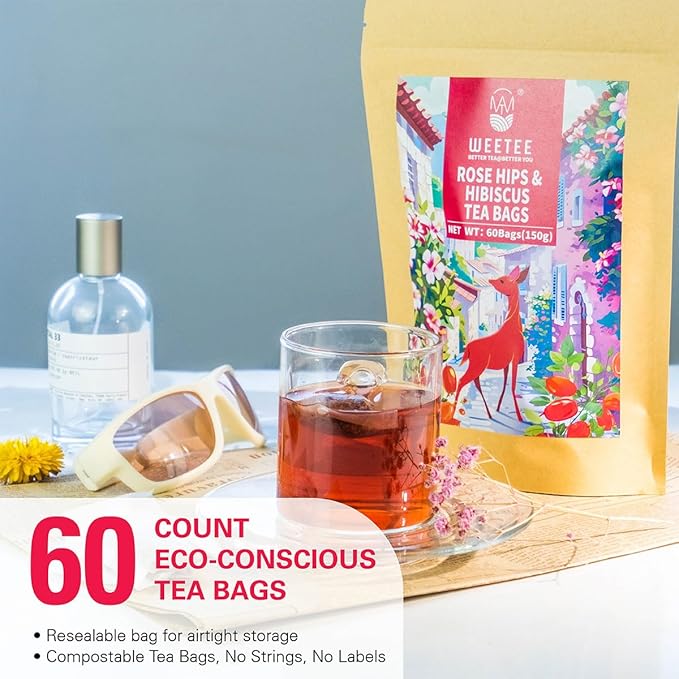 WT WEETEE Rosehips Hibiscus Tea Bags, Made with Rosehip & Hibiscus Flowers, Natural Caffeine-free Herbal Tea 2.5g x 60 Counts