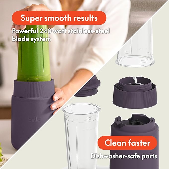 bella 6 Pcs Portable Rocket Blender, Juicer & Smoothie Maker, Press & Twist Design, EverGood™ & BPA Free Dishwasher Safe Parts, 4 Tip Stainless Steel Blade, Cord Wrap, 240 Watt Motor, Plum