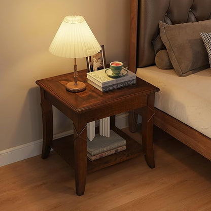 PADMA HOUSE Solid Wood End Table with Shelf, Vintage Rectangle Sofa Side Table with Dual Hourglass Tabletop, Apartment Telephone Table with Curved Legs for Living Room, 19.7 * 17.7 * 19.7in