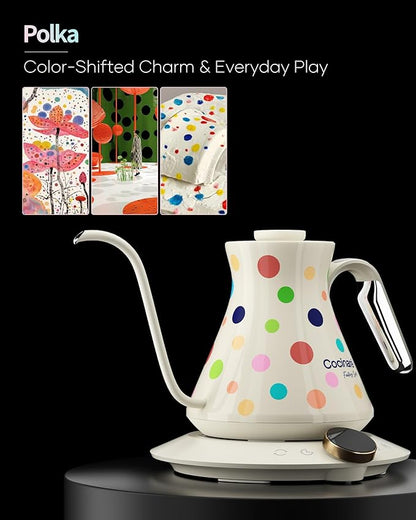 Cocinare FLOW M6 Pro Electric Gooseneck Kettle with Color-Changing Design, ±0.5℉ Temperature Control for Pour-over Coffee & Tea, Stainless Steel Interior, Quick Heating for Boiling Water (Polka)