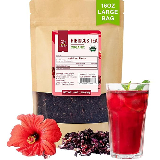 Soeos Organic Hibiscus Flower Herbal Tea, 1lb (16oz), Whole Dried Petals, Bold Tart Flavor, Caffeine-Free & Naturally Refreshing, Perfect for Iced Tea, Hot Infusions, and Floral Blends