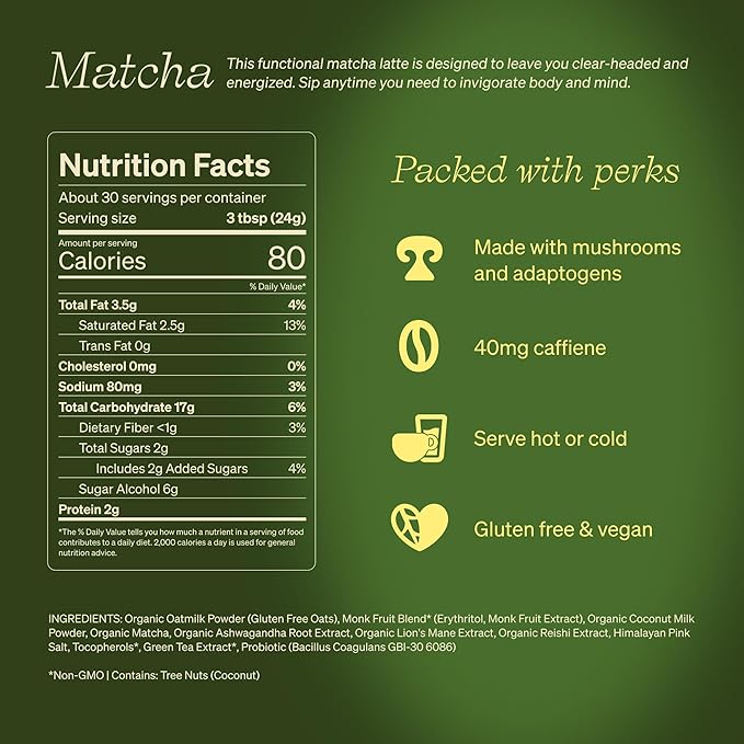 Clevr Blends Organic Matcha Green Tea Latte, Instant Ceremonial Grade, Superfood Powder Blend with Oat Milk, Lions Mane, Reishi Mushroom, Coconut Cream, Ashwagandha, Serve Hot or Iced, (30 Lattes)