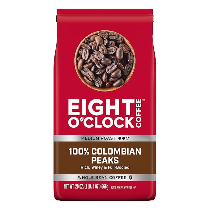 Eight O'Clock Coffee 100% Colombian Peaks Whole Bean Coffee, Medium Roast, 20 Ounce (Pack of 1) - Rich, Winey & Full Bodied