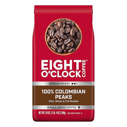 Eight O'Clock Coffee 100% Colombian Peaks Whole Bean Coffee, Medium Roast, 20 Ounce (Pack of 1) - Rich, Winey & Full Bodied