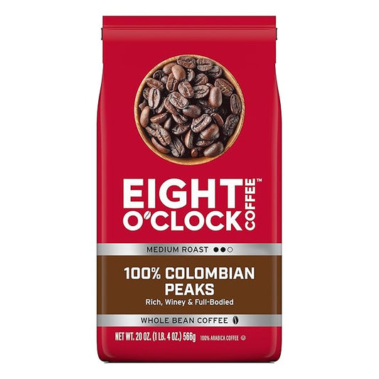 Eight O'Clock Coffee 100% Colombian Peaks Whole Bean Coffee, Medium Roast, 20 Ounce (Pack of 1) - Rich, Winey & Full Bodied