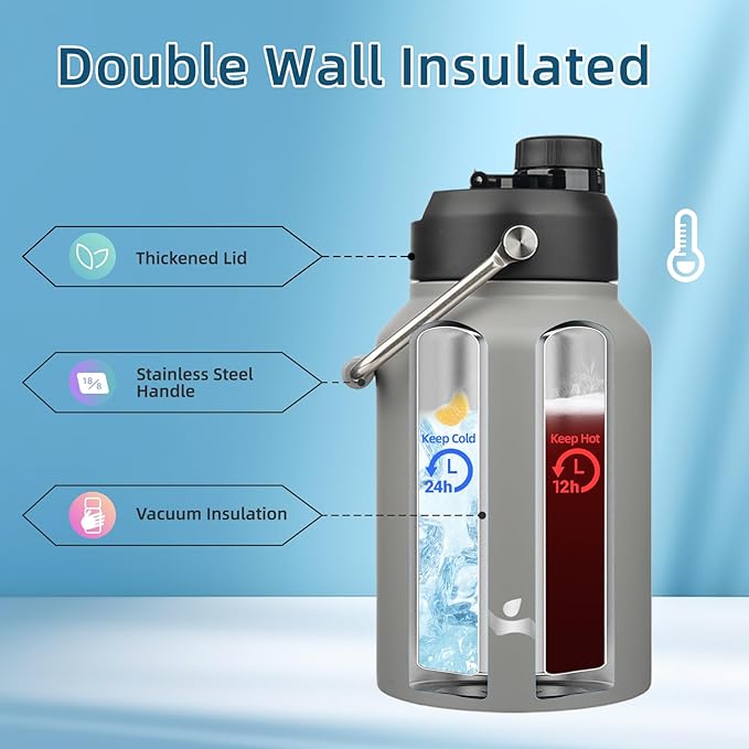 Half Gallon Jug with Handle,64 oz Insulated Water Bottle with Carrying Pouch,Double Wall Vacuum Stainless Steel Metal Bottle,Gray