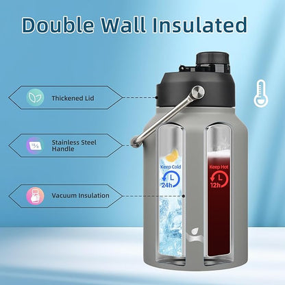 Half Gallon Jug with Handle,64 oz Insulated Water Bottle with Carrying Pouch,Double Wall Vacuum Stainless Steel Metal Bottle,Gray
