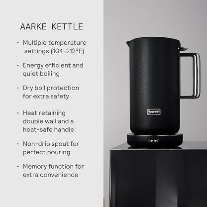 aarke Stainless Steel Kettle - Perfect for Coffee and Tea Maker Enthusiasts, Non-Drip Spout, Double-Wall Construction, Dry Boil Protection, Heat-Safe Handle, LED Cool-Down Indicator, 1.2L (Black)