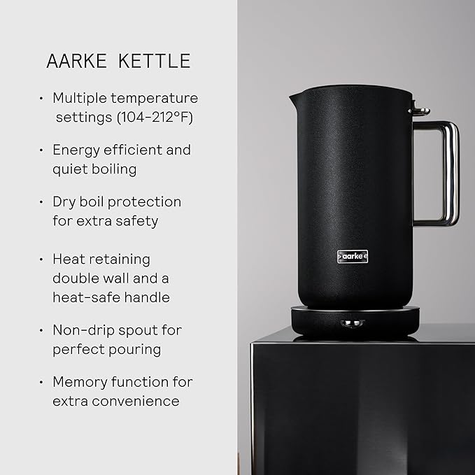 aarke Stainless Steel Kettle - Perfect for Coffee and Tea Maker Enthusiasts, Non-Drip Spout, Double-Wall Construction, Dry Boil Protection, Heat-Safe Handle, LED Cool-Down Indicator, 1.2L (Black)