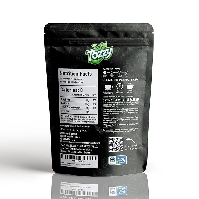 Tozzy Organic Mullein Tea - 100 Count | Pyramid Tea Bags (Plant-Based & Eco-conscious) | Supports Lung Health & Respiratory Wellness | Pure Ingredients