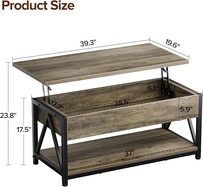 Lift Top Coffee Table,Lift Coffee Table with Storage Shelf and Large Hidden Compartment for Living Room,Lifting top Coffee Tables for Small Space,Grey