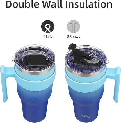 40 oz Tumbler with Handle and 2 Straw 2 Lid, Insulated Water Bottle Stainless Steel Vacuum Cup Reusable Travel Mug,Sky