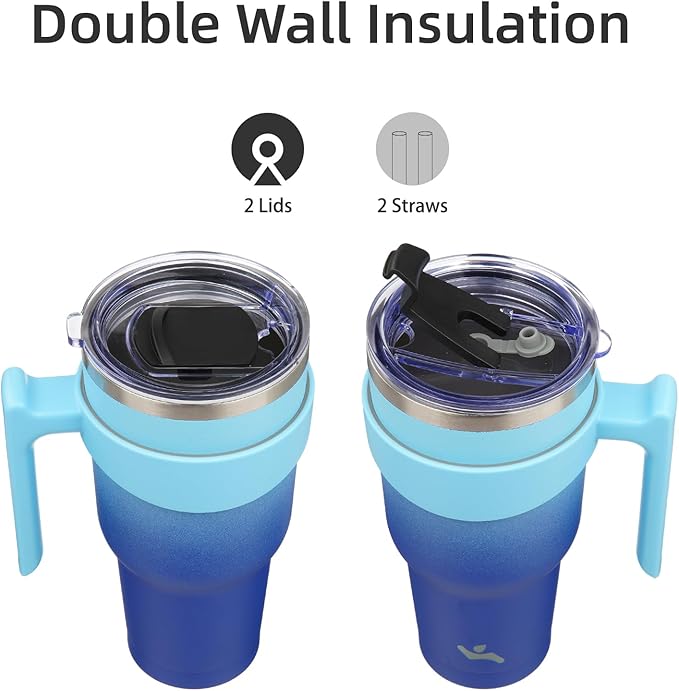 40 oz Tumbler with Handle and 2 Straw 2 Lid, Insulated Water Bottle Stainless Steel Vacuum Cup Reusable Travel Mug,Sky