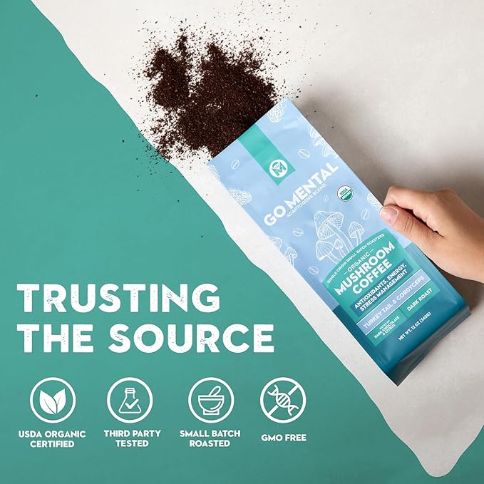 Organic Turkey Tail & Cordyceps Mushroom Coffee Dark Roast, Antioxidants, Immune System Support, overall wellness, Grade 1 Single Origin Peruvian | 12oz - Ground (2 Pack)