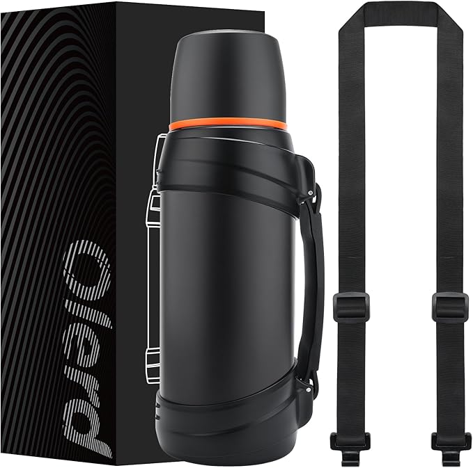 Large Thermosflask- 64oz Stainless Steel Insulated Bottle for Travel with BPA Free Cup - 2.0L Oversized Vacuum Insulated Thermoses with Handle and Strap for Hot & Cold Drinks(Black)