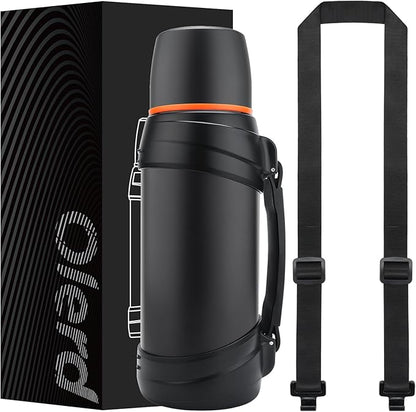 Large Thermosflask- 64oz Stainless Steel Insulated Bottle for Travel with BPA Free Cup - 2.0L Oversized Vacuum Insulated Thermoses with Handle and Strap for Hot & Cold Drinks(Black)
