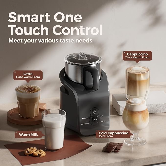Milk Frother - Electric Steamer, 4-in-1 Automatic Warm and Cold Cappuccino Foam Maker, 12.5oz Milk Warmer for Latte, Macchiato, Stainless Steel