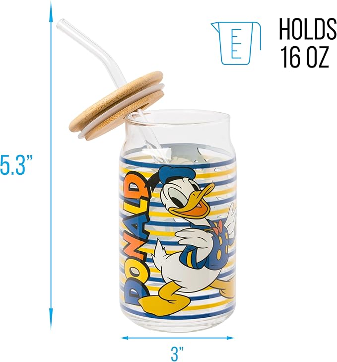 Silver Buffalo Disney Mickey and Friends Donald Duck Blue and Yellow Stripes Glass Jar Tumbler with Bamboo Lid and Glass Straw, 16 Ounces