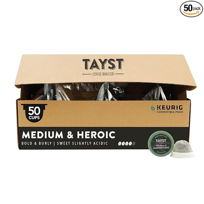 Tayst Coffee Pods, Medium & Heroic Medium Roast, K Cups Compatible with Keurig Coffee Maker, Sustainable Single Serve, Pack of 50