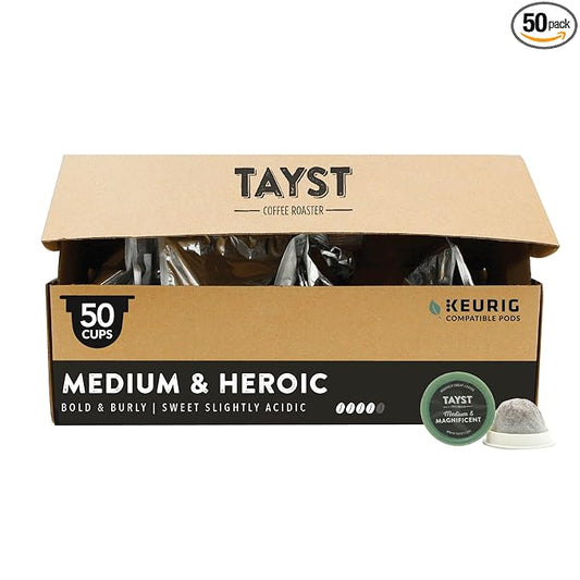Tayst Coffee Pods, Medium & Heroic Medium Roast, K Cups Compatible with Keurig Coffee Maker, Sustainable Single Serve, Pack of 50